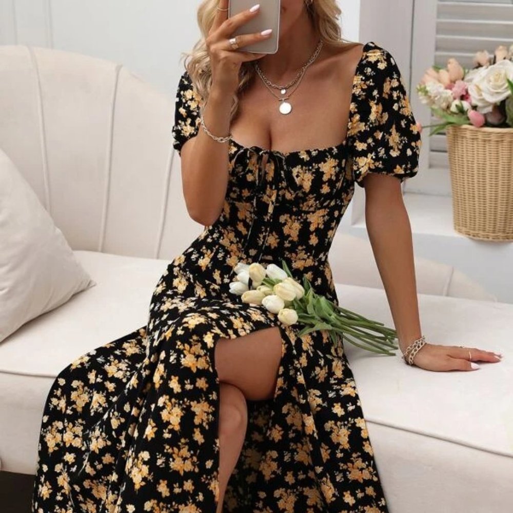 Black Allover Floral Knot Split Thigh A-line Dress